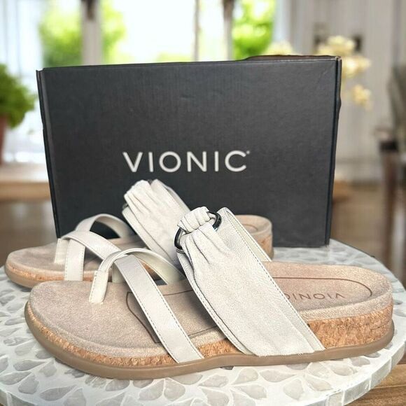 Vionic Landyn Leather Supportive Slide Sandals Cork Orthotic Comfort Women 8 NIB - Picture 4 of 14